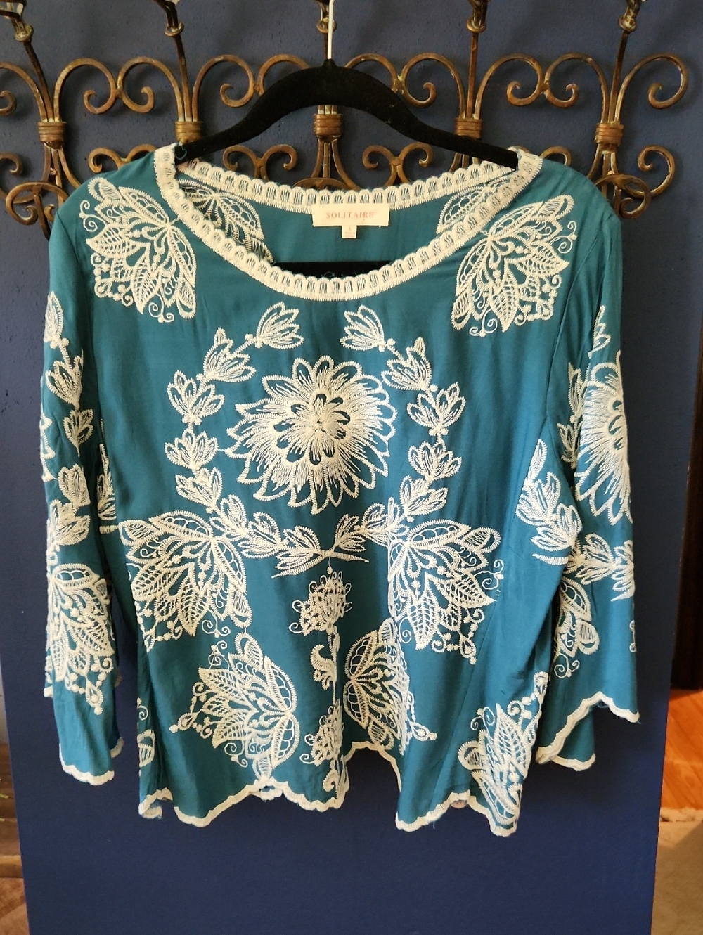 Solitaire Teal Tunic with Cream Floral Embroidery